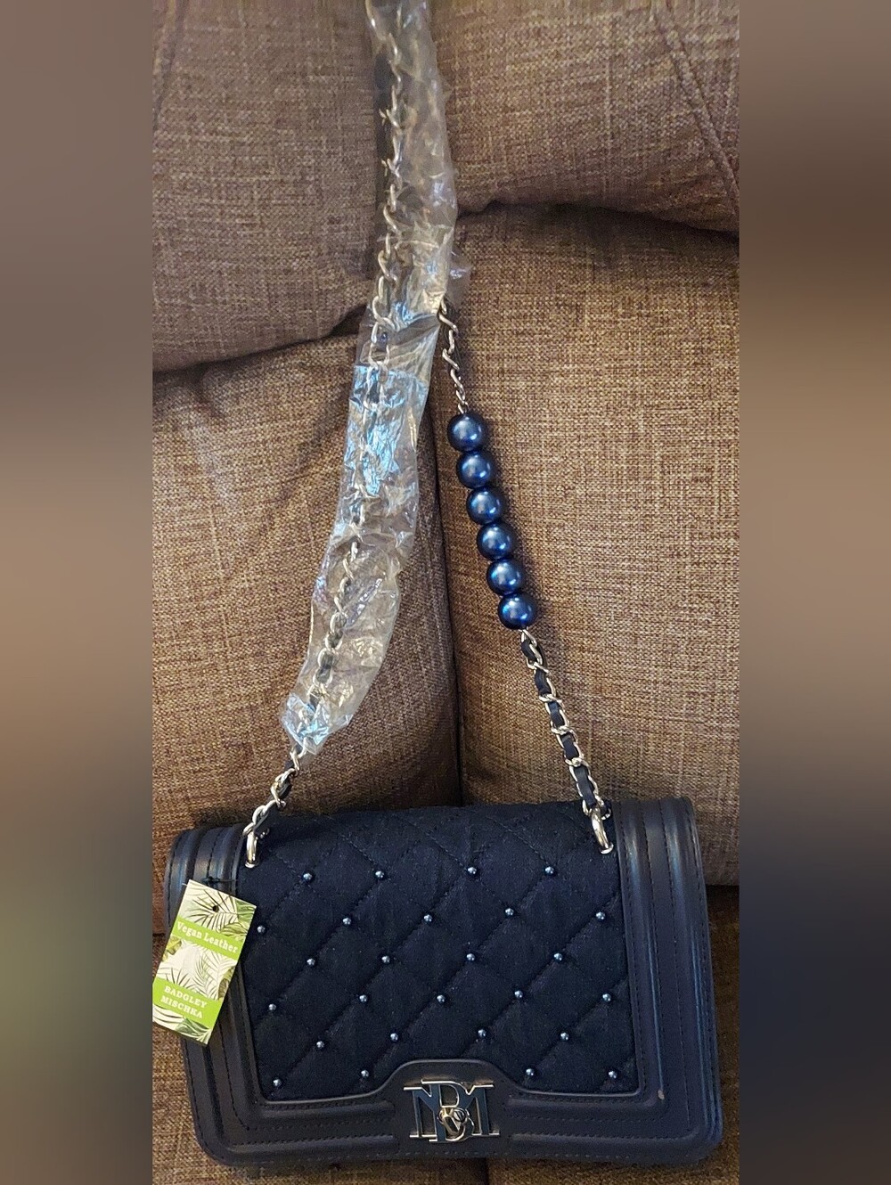 New Badgley Mischka Quilted Navy Bead-Accent Chain Crossbody Bag
